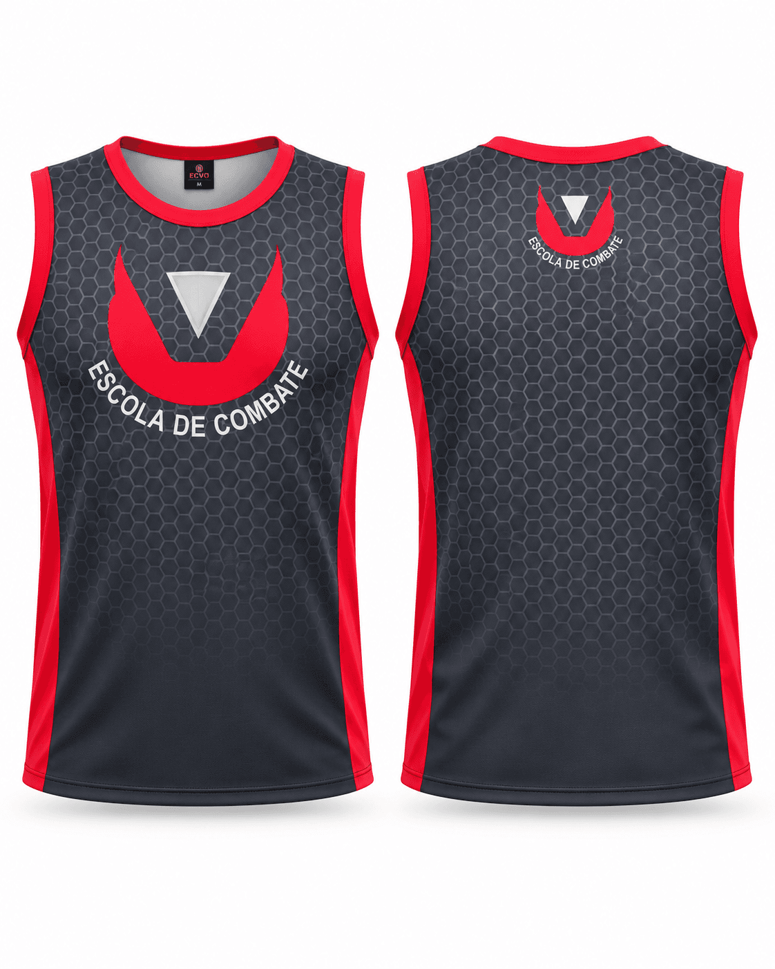 Camiseta de Treino ECVO preta e vermelha, frente e costas